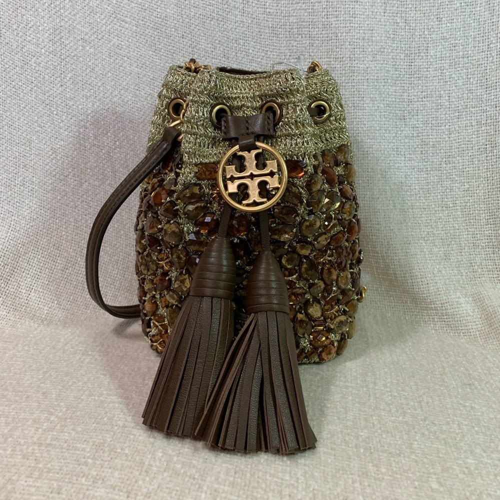 NEW Tory Burch Soft Fleming Gold Crochet Jewel Mini Bucket Tote/Crossbody Bag - Picture 2 of 16